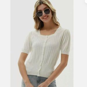 NEW Curlbiuty Vintage Short Sleeve Crop Knit Puff Sleeve Cardigan Sweater, 2XL